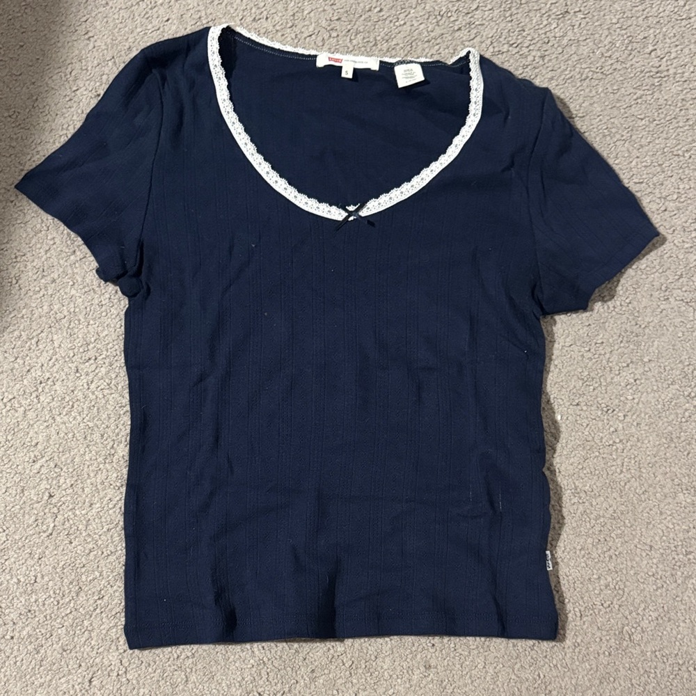 Levi's Navy Short-Sleeve V-Neck Tee with White Lace Trim